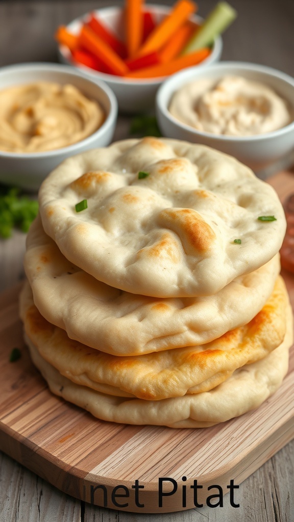 Freshly made no-yeast pita bread stacked on a wooden board with bowls of hummus and vegetables.